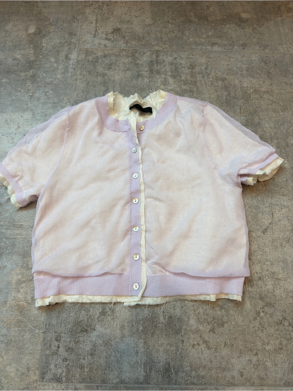 Zara Lilac Short-Sleeve Cardigan with Cream Ruffle Trim